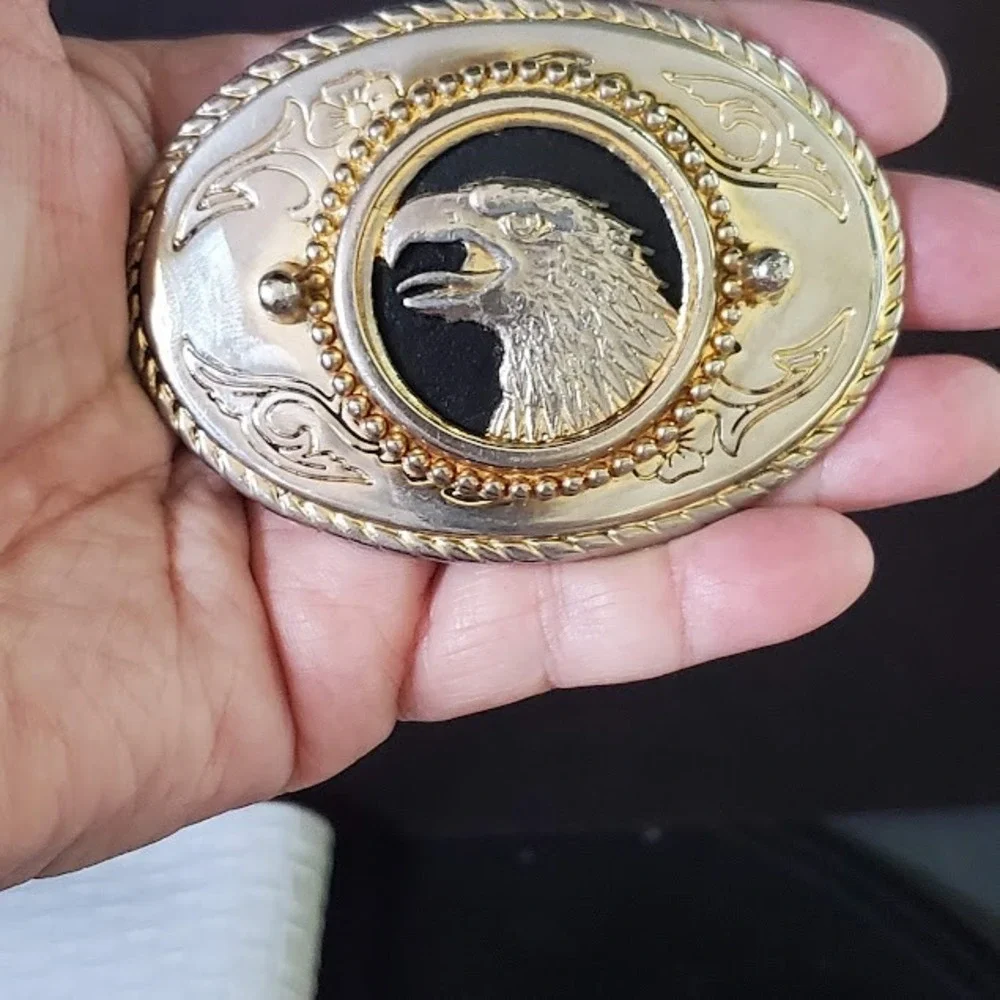 Eagle Head Belt Buckle Western Silver Gold Tone Black Oval Floral Rope Edge